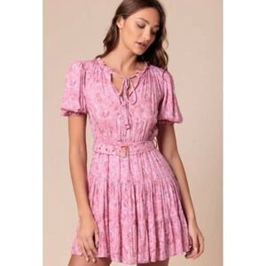 ✨Anthro Lusana Ayla Pink Paisley Puff Sleeve Tiered Mini Fit&Flare Sz 2 Dress✨
